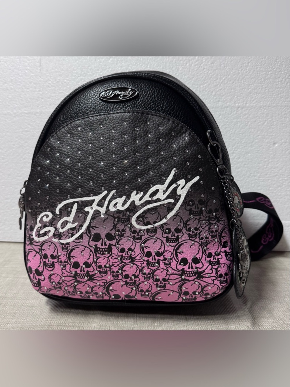 Ed Hardy Black & Pink Skull Print Mini Backpack